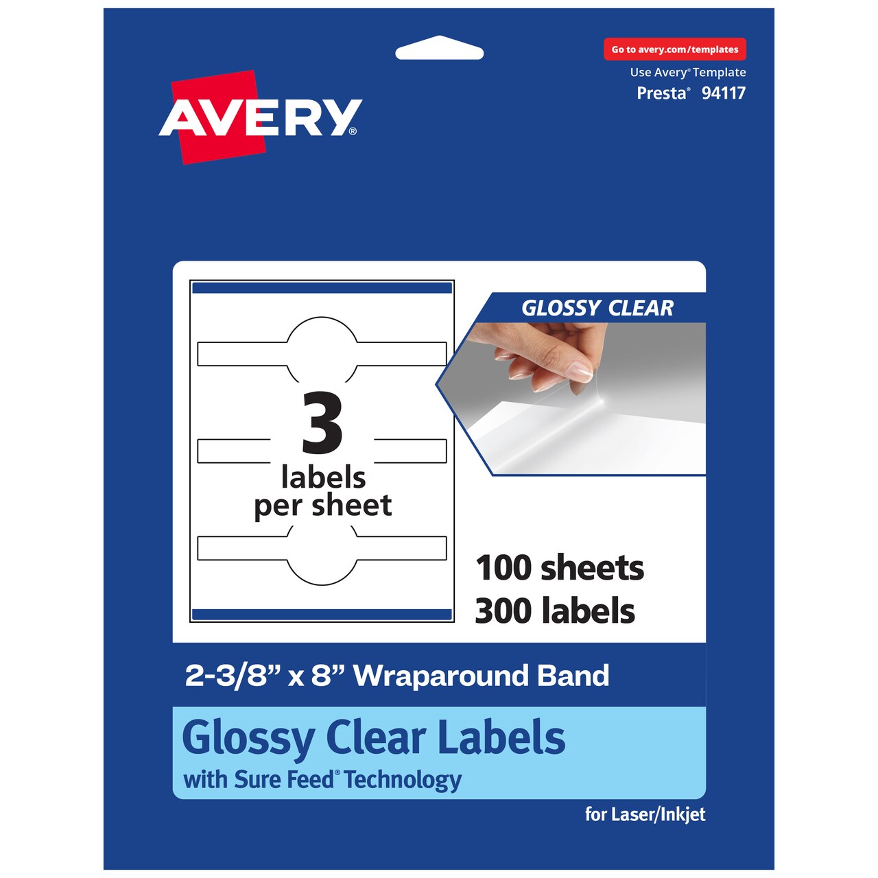 Avery Glossy Clear Wraparound Labels with Sure Feed, 2-3/8" x 8"